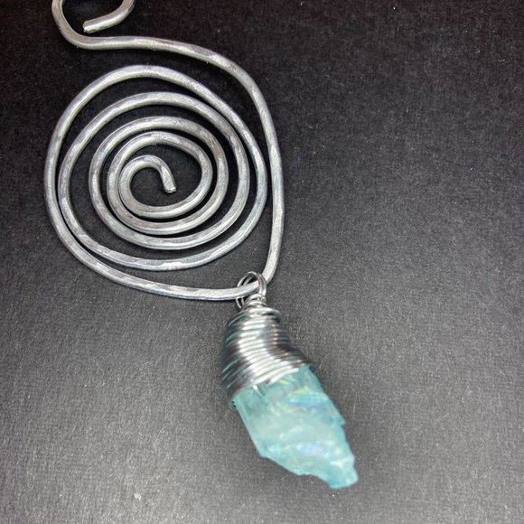 Hammered Stainless Steel Wire Pendant w/ Wrapped Blue Dyed Quartz Stone - Picture 11 of 12